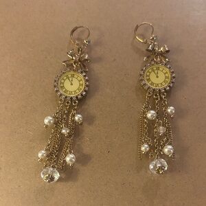 Betsey Johnson Gold Clock and Pearl Dangle Earrings